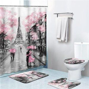 Shower Curtain Sets, with 12 Hooks, Oil Painting Pink Gray Paris 4pcs